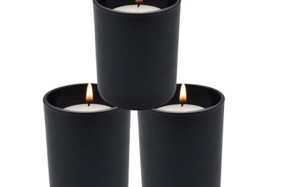 Empty black glass candle jars with wooden lids (1)