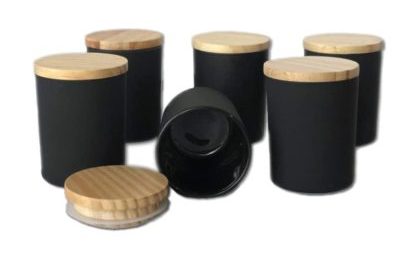 Empty black glass candle jars with wooden lids (6)
