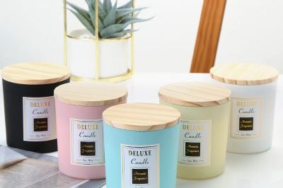 Frosted glass candle jars with wooden lid (2)