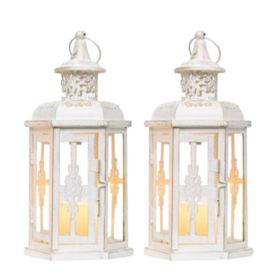 Set of 2 White Metal Glass Wedding Candle Lanterns