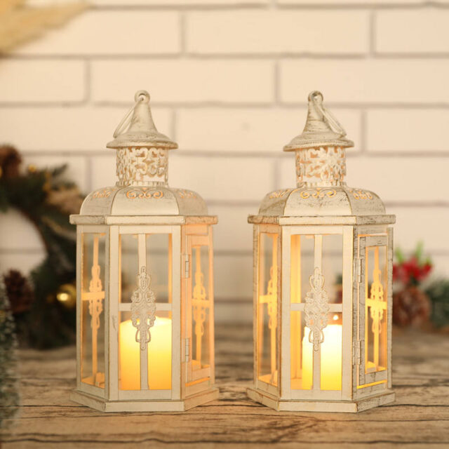 Set of 2 White Metal Glass Wedding Candle Lanterns