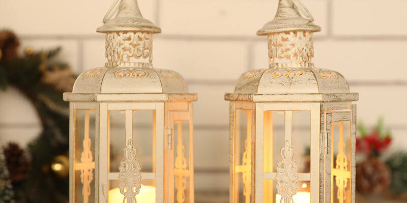 Set of 2 White Metal Glass Wedding Candle Lanterns