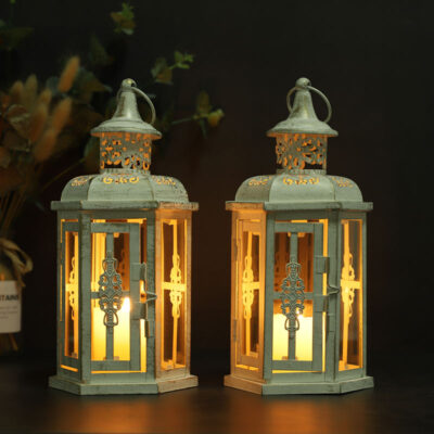 Set of 2 White Metal Glass Wedding Candle Lanterns