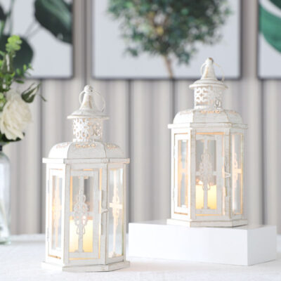 Set of 2 White Metal Glass Wedding Candle Lanterns