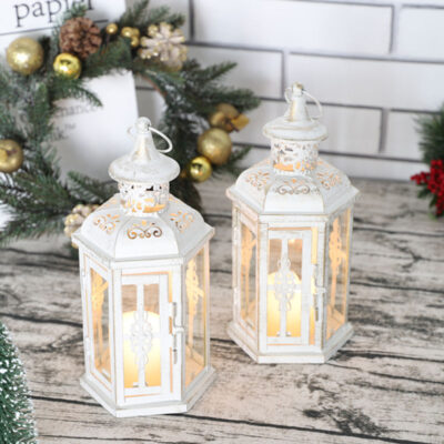 Set of 2 White Metal Glass Wedding Candle Lanterns