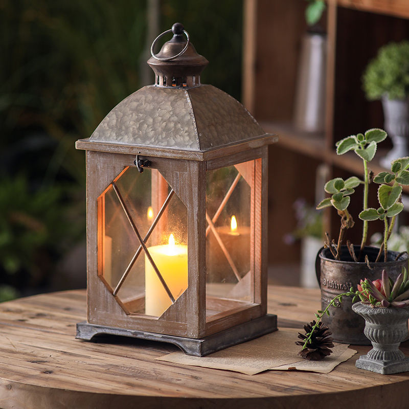 Farmhouse Wooden Lantern with Metal Handle