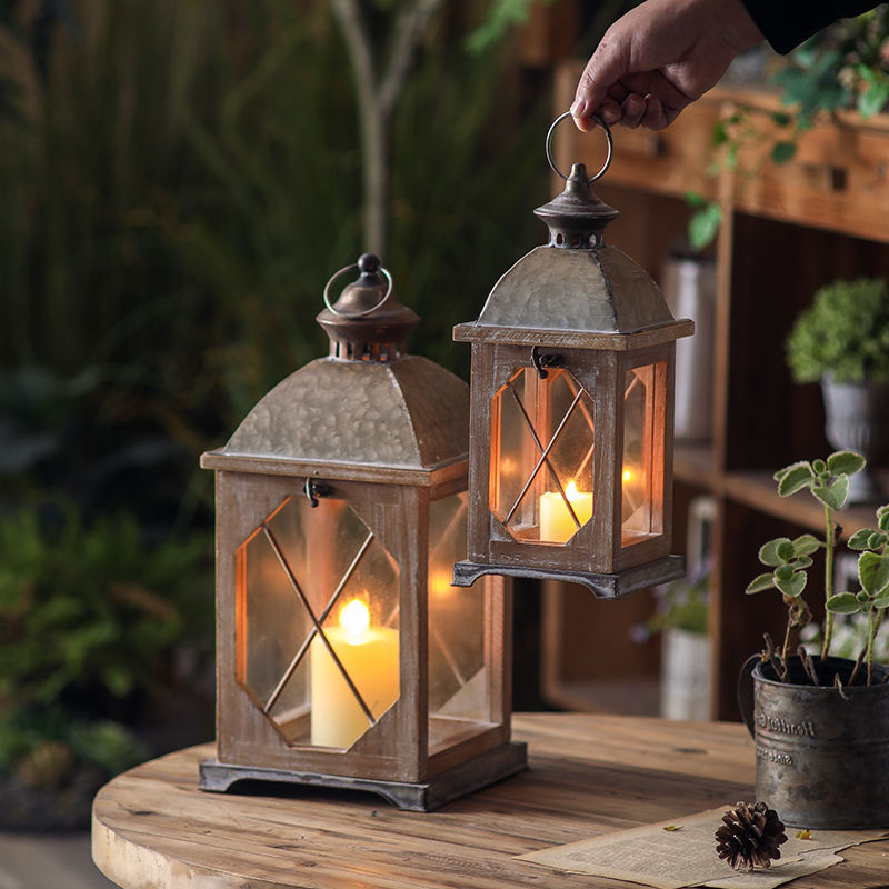Farmhouse Wooden Lantern with Metal Handle